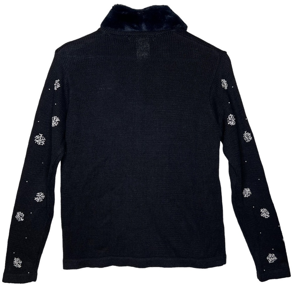 Victoria Jones Embellished Poinsettia Snow Flake Cardigan Removable Fur Collar M - Picture 2 of 14